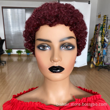 Wholesale Short Afro Curly Human Hair Wigs For Black Women Brazilian Short Pixie Cut Full Machine Made Wig 99J Remy Hair